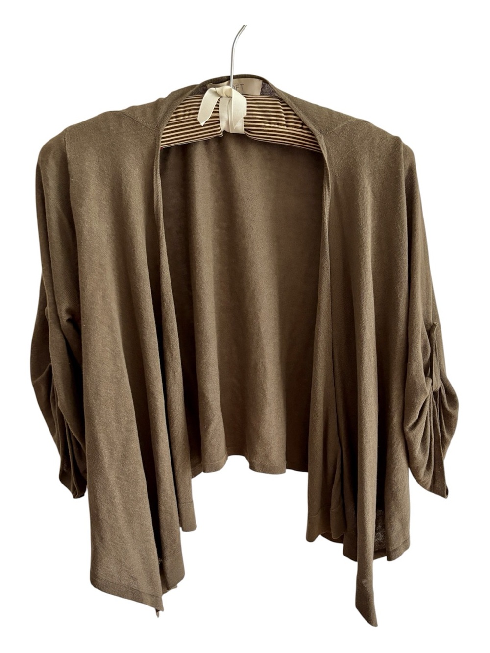 LOFT Olive-Brown Open Front Draped Cropped Cardigan, Excellent Condition